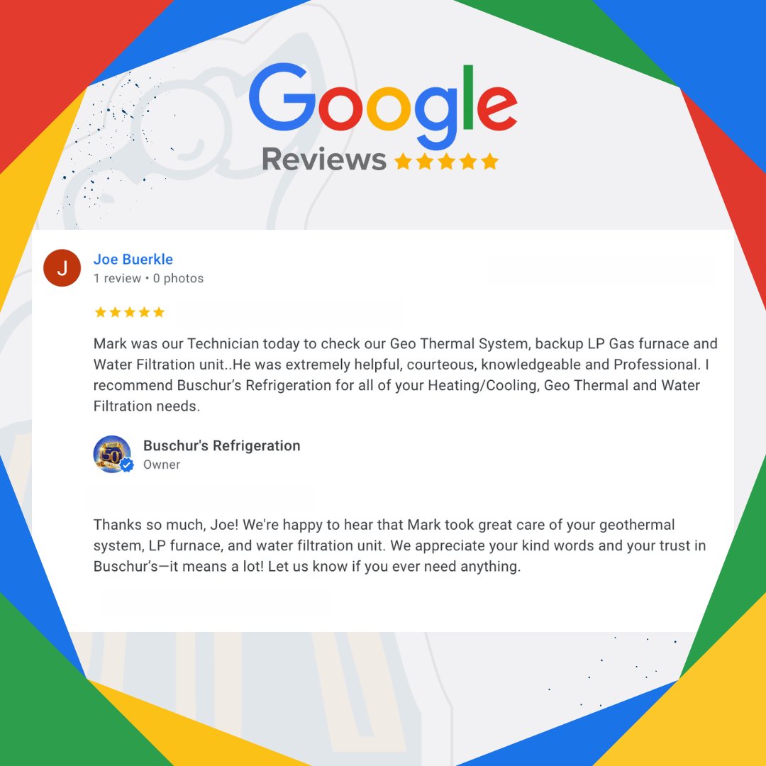 BuschursComfort's tweet photo. ⭐ Another 5-Star Service! ⭐

Thank you, Joe, for trusting Buschur’s for all your heating, cooling, and water filtration needs! We appreciate your recommendation!

#CustomerLove #GeothermalExperts #TopNotchService #BuschursComfort https://t.co/bYnxY95bJg