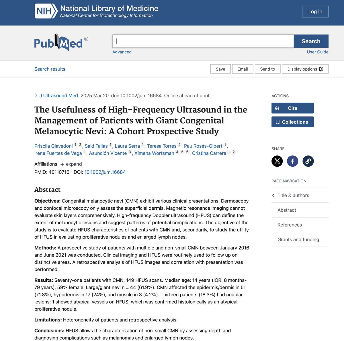 High-Frequency Ultrasound (HFUS) may offer a clearerview of congenital melanocytic nevi (CMN)—beyondwhat dermoscopy, confocal microscopy, or MRI can show.
🔬 Study Purpose:
Evaluate HFUS characteristics in patients with non-smallCMN, including proliferative nodules and lymph