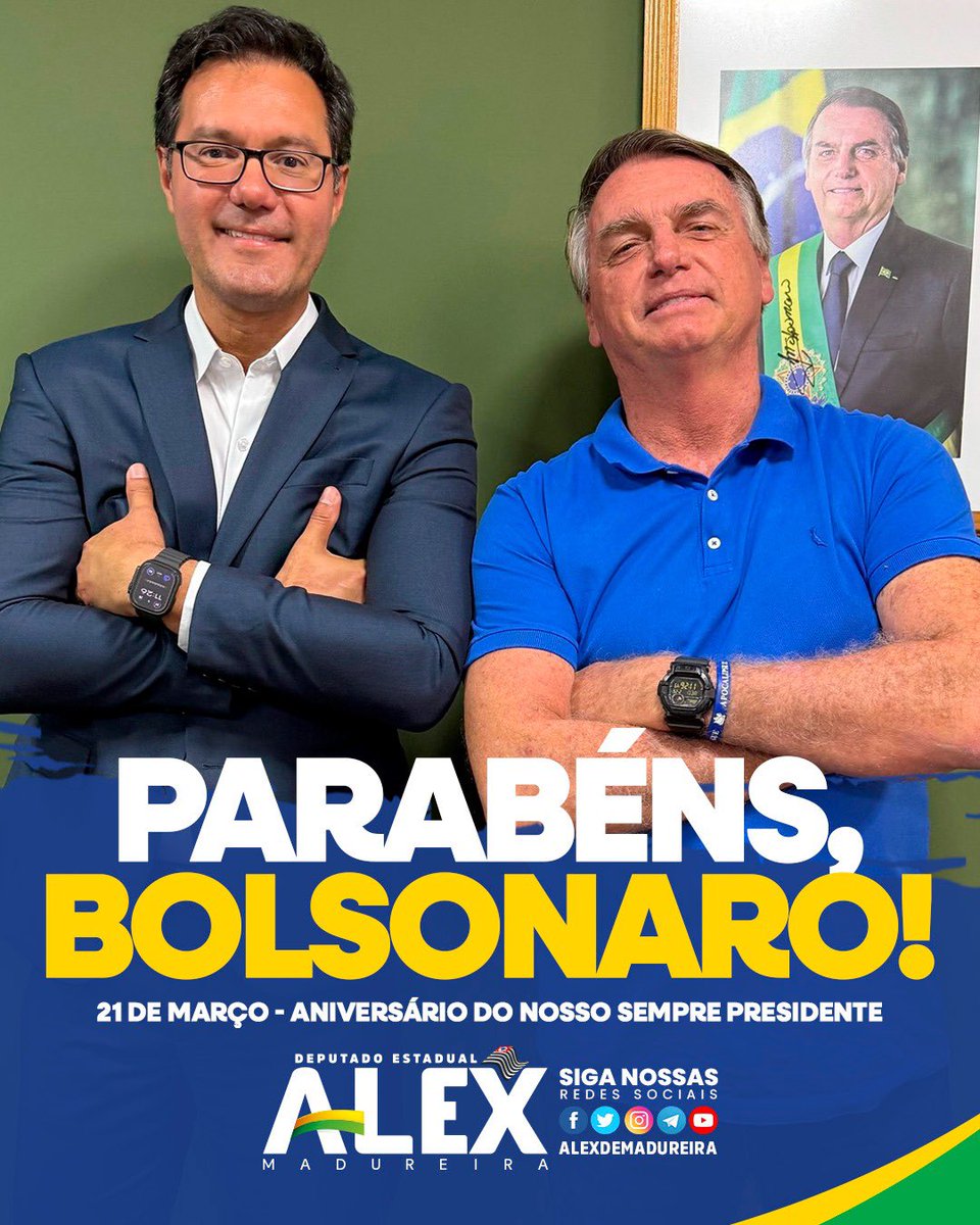 🎉 Parabéns, <a href="/jairbolsonaro/">Jair M. Bolsonaro</a>!🇧🇷

Hoje,celebramos a vida do nosso grande líder da direita no Brasil e Sempre Presidente.

Que Deus continue iluminando seus caminhos, com saúde, força e muitas bênçãos! 🙏 “Os passos de um homem bom são confirmados pelo SENHOR.” – Salmos 37:23.