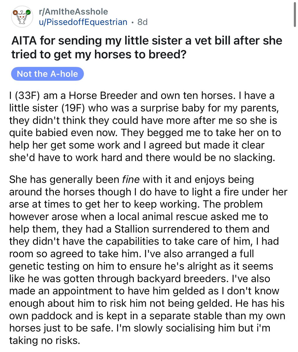 amithearsehole's tweet image. AITA for sending my little sister a vet bill after she tried to get my horses to breed?