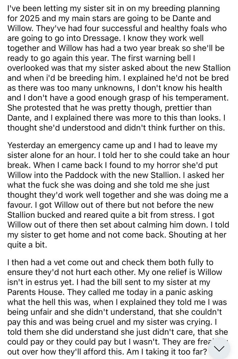 amithearsehole's tweet image. AITA for sending my little sister a vet bill after she tried to get my horses to breed?