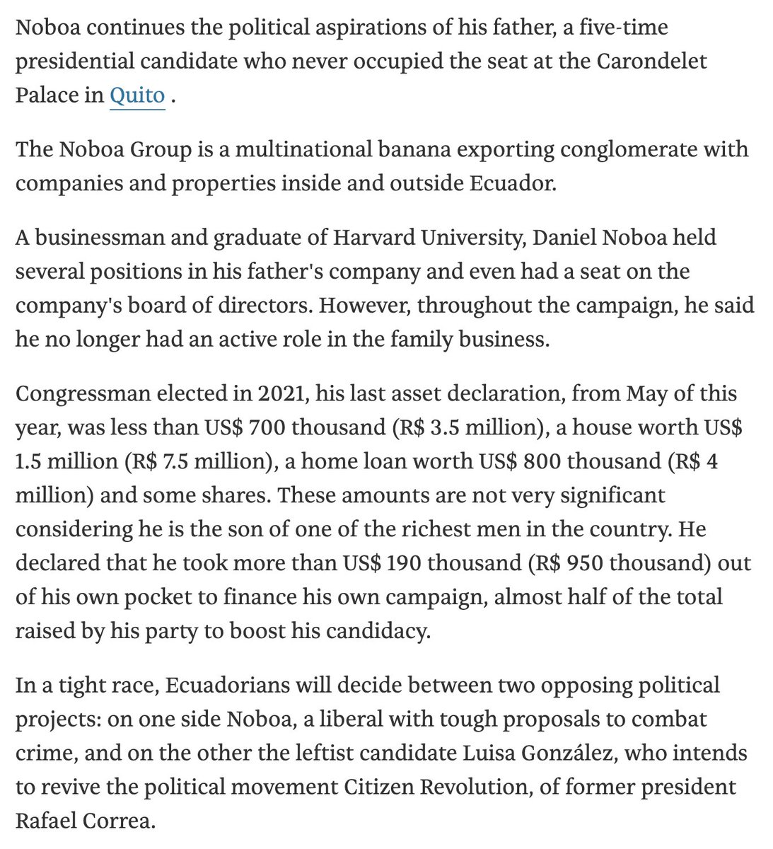 In 2023, before Daniel Noboa became president of Ecuador, <a href="/folha/">Folha de S.Paulo</a> reported on leaked docs showing he owned shell companies in tax havens. 

It would make him ineligible to hold public office.

1.5 years later, and with elections next month, he has yet to address the allegations.