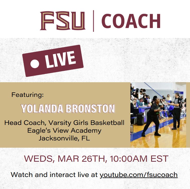 Excited to be the featured guest on the FSU COACH show! Catch us LIVE at 10am ET on March 26th as I talk with Dr. Tim Baghurst !! 
youtube.com/fsucoach 
<a href="/EVAWarriorsAthl/">EVA Warriors Athletics</a> <a href="/H2Hoops/">H2Hoops</a>