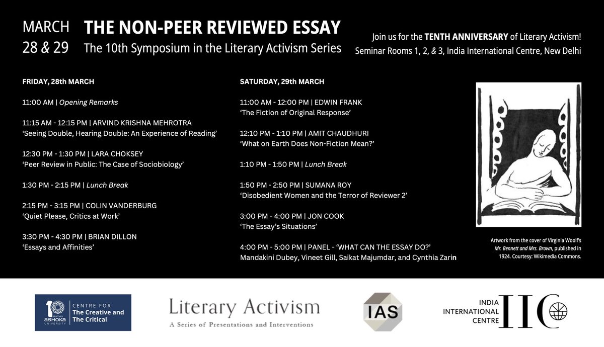Here’s the schedule for the 10th Symposium in the Literary Activism Series: ‘The Non-Peer Reviewed Essay’

Details and the mission statement can be found here: ashoka.edu.in/event/the-10th…

It’s open to all, but you can register if you wish: docs.google.com/forms/d/e/1FAI…