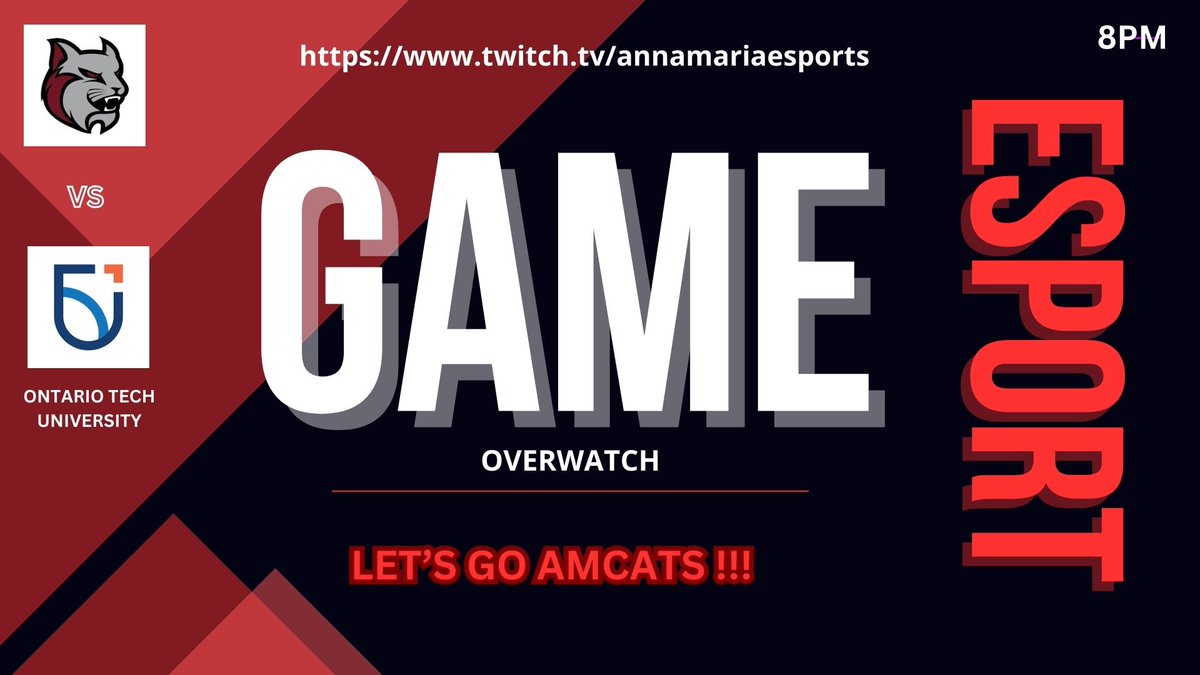 AMCAT_esports's tweet photo. GAME DAY FOR YOUR AMCATS ESPORT TEAM!!!
OVERWATCH GAME AT 8PM AGAINST ONTARIO TECH UNIVERSITY!
Come to support your Anna Maria Esport Team on TWITCH https://t.co/p773J5uHW8
#Overwatch2 #annamariacollege #amc75 #goamcats #amcatnation #RogueEnergy #NECC #NACE #Esports https://t.co/hBI0eTGS3F