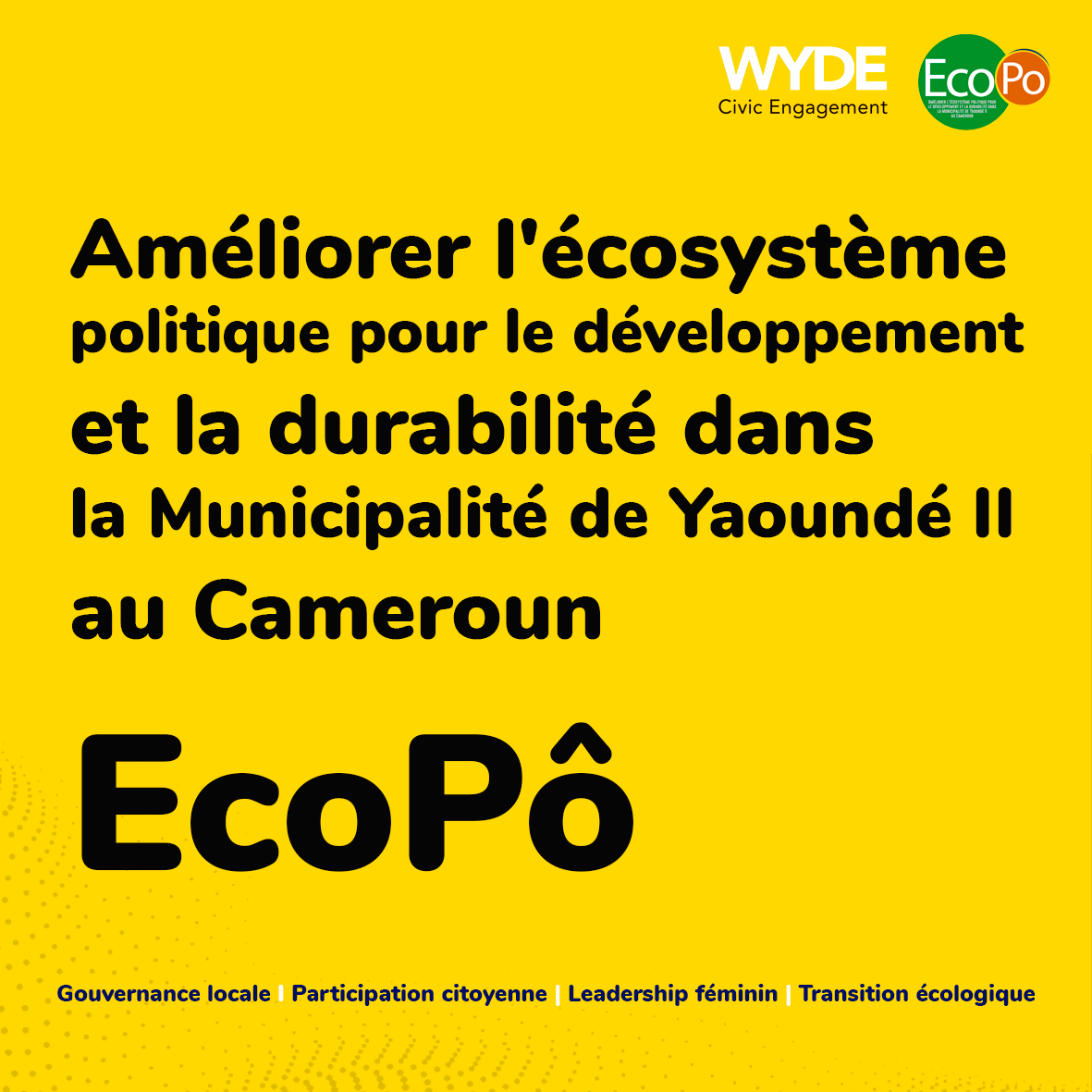 🔗 #EcoPô is:

🚀Launched in 🇨🇲 by <a href="/CAPScmr/">#Let's Give Smile (CAPS)</a>&amp; <a href="/humaneesCMR/">Humanees</a> with the support of the #mairieyaounde2

💪Led by WYDE Civic Engagement

⚙️Implemented by <a href="/ALDAeurope/">alda*</a> with <a href="/people_in_need/">People in Need</a> &amp; <a href="/elbarlament/">elbarlament</a> 

⚡️Powered by <a href="/EU_Partnerships/">EU International Partnerships 🇪🇺</a> &amp; <a href="/EPDeu/">EPD - European Partnership for Democracy</a>

 #WYDEngagement #EcoPô #YouthInAction