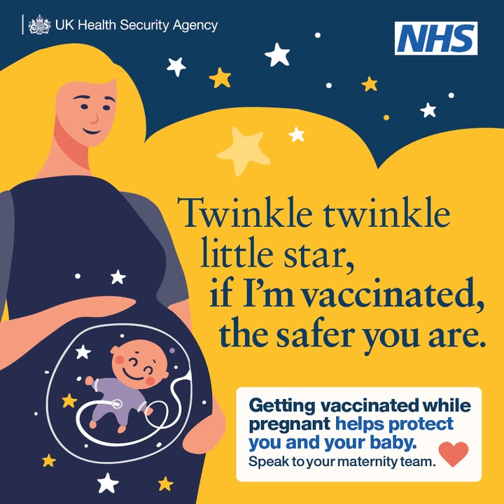 UKHSA's tweet photo. Getting vaccinated when you’re pregnant helps protect you and your baby from illnesses, including #WhoopingCough &amp; #RSV. Visit the NHS website to learn more. 💖
✨🔗 https://t.co/nChNqfp7rA https://t.co/RzAjYKWF28
