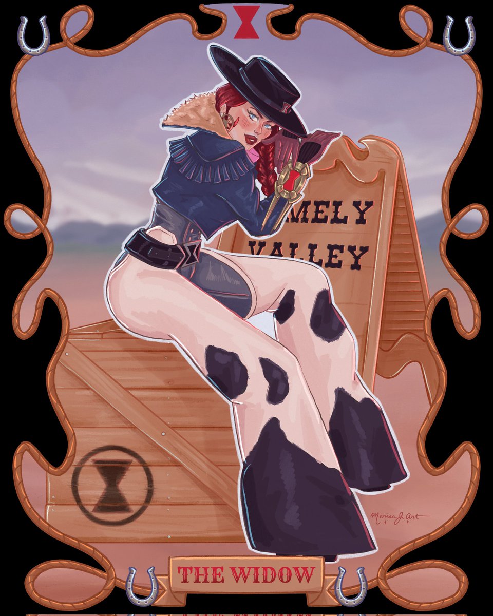 the western widow🖤 I'm obsessed with these vibes. another loosely Mucha inspired rivals character #BlackWidow #MarvelRivals #MarvelRivalsfanart #NatashaRomanoff #BuckyBarnes #mrsbarnes #artnouveau