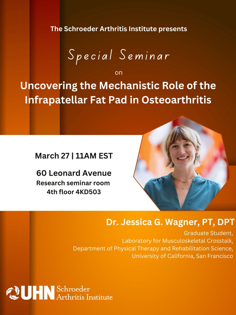 Schroeder Arthritis Institute (@schroederinst) on Twitter photo The <a href="/SchroederInst/">Schroeder Arthritis Institute</a> is hosting a Special Seminar with Dr. Jessica G. Wagner, Physiotherapist and PhD Student <a href="/UofCalifornia/">University of California</a>, on March 27, 11AM EST. Dr. Wagner will give a talk on "Uncovering the Mechanistic Role of the Infrapatellar Fat Pad in #Osteoarthritis." The <a href="/SchroederInst/">Schroeder Arthritis Institute</a> is hosting a Special Seminar with Dr. Jessica G. Wagner, Physiotherapist and PhD Student <a href="/UofCalifornia/">University of California</a>, on March 27, 11AM EST. Dr. Wagner will give a talk on "Uncovering the Mechanistic Role of the Infrapatellar Fat Pad in #Osteoarthritis."