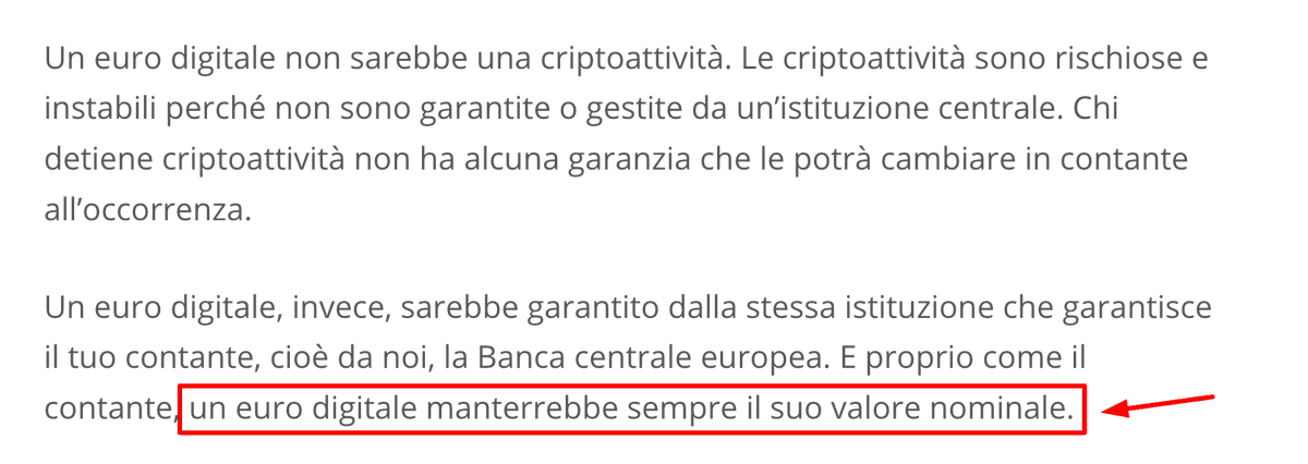 AngeloniFilippo's tweet photo. “Un euro oggi è un euro domani.”

Almeno hanno chiarito che si riferivano al valore nominale…

Però a questo punto anche 1 Bitcoin oggi è 1 Bitcoin domani.
E 1 kg d’oro oggi è 1 kg d’oro domani.

Piccole contraddizioni.

Fonte: sito BCE, sezione euro digitale. https://t.co/wWzrwfxi3p