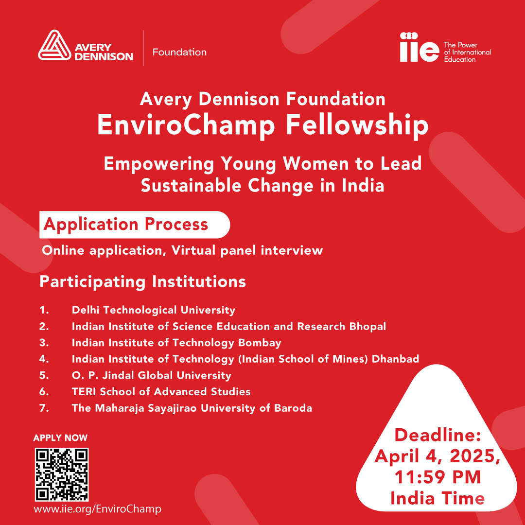 IIEindia's tweet photo. 📢 15 Days to deadline! Apply now for the Avery Dennison EnviroChamp Fellowship!

Details at https://t.co/MIw7I7lTF0

Deadline: April 4, 2025

Drive #environmental #sustainability, learn, network!

Institutions: #DTU, #IISERBhopal, #IITBombay &amp; more!

#Leadership #Scholarship https://t.co/cn57SYgzfg