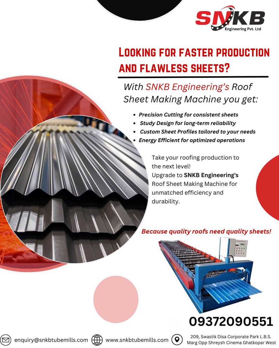 snkbengineering's tweet image. "Boost your roofing game with SNKB Engineering’s Roof Sheet Making Machine! 🏗️ 
SNKB Engineering Pvt.Ltd 
#RoofingSolutions #SheetMakingMachine #SNKBEngineering #IndustrialMachines #MetalSheets