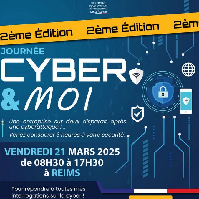 Prefet51's tweet photo. #Sécuritéduquotidien

Le préfet Henri Prévost salue au Centre des Congrès de #Reims l'évènement "Cyber & moi" , en présence d'@ArnaudRobinet, maire @VilledeReims, des parlementaires du département, d'Irène Weiss, vice-présidente @regiongrandest, Jean-Luc Boeuf, directeur général des services @DptMarne, du Général Kim, commandant du groupement régional de gendarmerie, Bruno Forget, commissaire  général @foiredechalons  et des élus.

✅ Une journée organisée par la @gendarmerie de la #Marne entièrement consacrée aux enjeux de cybersécurité au profit des forces vives du territoire

✅ Un Village Cyber pour échanger et offrir une solution adaptée à chaque besoin

🎯La sensibilisation des acteurs économiques et la lutte contre les attaques et nouvelles formes de menaces cyber sont un axe à part entière du plan d'action départemental de restauration de la sécurité du quotidien
#PADRSQ

Bravo aux organisateurs et tout particulièrement au colonel Romuald De La Cruz, commandant du groupement de gendarmerie départementale 👏

🙏Et merci tous les participants aux tables-ronde, aux exposants, experts et professionnels, ainsi qu'aux partenaires