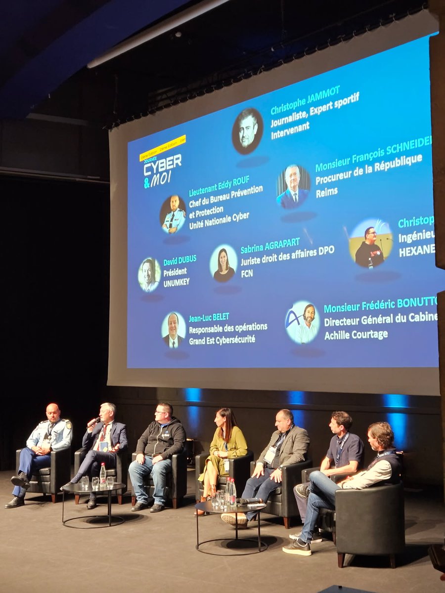 Prefet51's tweet photo. #Sécuritéduquotidien

Le préfet Henri Prévost salue au Centre des Congrès de #Reims l'évènement "Cyber & moi" , en présence d'@ArnaudRobinet, maire @VilledeReims, des parlementaires du département, d'Irène Weiss, vice-présidente @regiongrandest, Jean-Luc Boeuf, directeur général des services @DptMarne, du Général Kim, commandant du groupement régional de gendarmerie, Bruno Forget, commissaire  général @foiredechalons  et des élus.

✅ Une journée organisée par la @gendarmerie de la #Marne entièrement consacrée aux enjeux de cybersécurité au profit des forces vives du territoire

✅ Un Village Cyber pour échanger et offrir une solution adaptée à chaque besoin

🎯La sensibilisation des acteurs économiques et la lutte contre les attaques et nouvelles formes de menaces cyber sont un axe à part entière du plan d'action départemental de restauration de la sécurité du quotidien
#PADRSQ

Bravo aux organisateurs et tout particulièrement au colonel Romuald De La Cruz, commandant du groupement de gendarmerie départementale 👏

🙏Et merci tous les participants aux tables-ronde, aux exposants, experts et professionnels, ainsi qu'aux partenaires