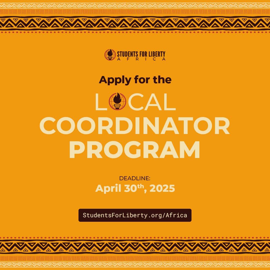 JOIN US! The wait is over – applications for the Local Coordinator Program are now OPEN!
Join the largest network of pro-liberty student &amp; young leaders and be part of the movement shaping the future.
Apply now: shorturl.at/EhLDj
Deadline: April 30
<a href="/AfricanSFL/">African Students For Liberty</a> <a href="/sfliberty/">Students For Liberty</a>