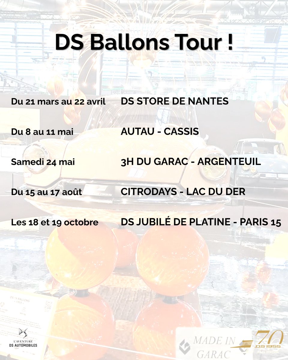 🚗 De Nantes à Paris, en passant par Cassis, la DS Ballons continue son Tour de France 🇫🇷
📅 Notez bien les dates pour venir l’admirer ! ✨
#DSBallons #GARAC #LAventureDS #FrenchCar #DSTour #DSAutomobiles #VoyagerEstUnArt