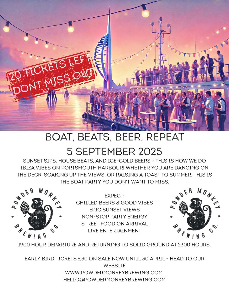 ⛴🍻🌅🐒 20 TICKETS LEFT - DON'T MISS OUT ⛴🍻🌅🐒 Sunset sips. house beats, ice-cold beers - this is how we do Ibiza vibes on Portsmouth Harbour! Whether you are dancing on the deck, soaking up the views,  raising a toast to summer, this is THE boat party you don't want to miss.