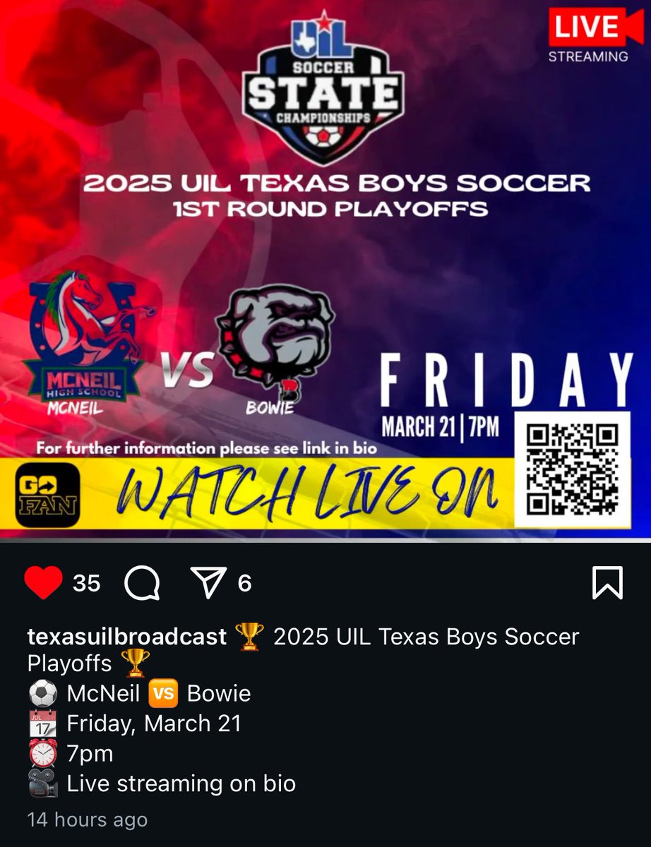 TONIGHT Round 1…Let’s Go MAVS!! 💚💙⚽️🐎
YOUR MAVS v. Bowie Bulldogs
BOYS SOCCER PLAYOFFS
Tickets:
gofan.co/event/3406175
$5 for adults
$3 for students. Online tickets only. 

Toney Burger Athletic Center &amp; Stadium
3200 Jones Road
Austin, TX 78745

<a href="/mavsoccer/">McNeil Mavericks Men’s Soccer</a> <a href="/RoundRockISD/">Round Rock ISD</a>