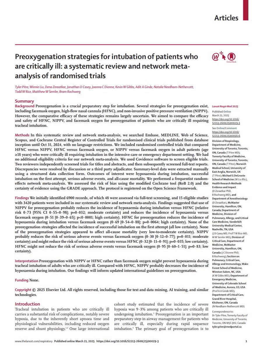 Tyler Pitre, MD🇨🇦 (@tylersc10) on Twitter photo 🚨 Excited to share our new paper in <a href="/LancetRespirMed/">The Lancet Respiratory Medicine</a> 🚨
Our systematic review & network meta-analysis compares preoxygenation strategies for critically ill patients needing intubation. NIPPV tops HFNC & facemask in reducing hypoxaemia.
🔍 Study Highlights
• Systematic review 🚨 Excited to share our new paper in <a href="/LancetRespirMed/">The Lancet Respiratory Medicine</a> 🚨
Our systematic review & network meta-analysis compares preoxygenation strategies for critically ill patients needing intubation. NIPPV tops HFNC & facemask in reducing hypoxaemia.
🔍 Study Highlights
• Systematic review