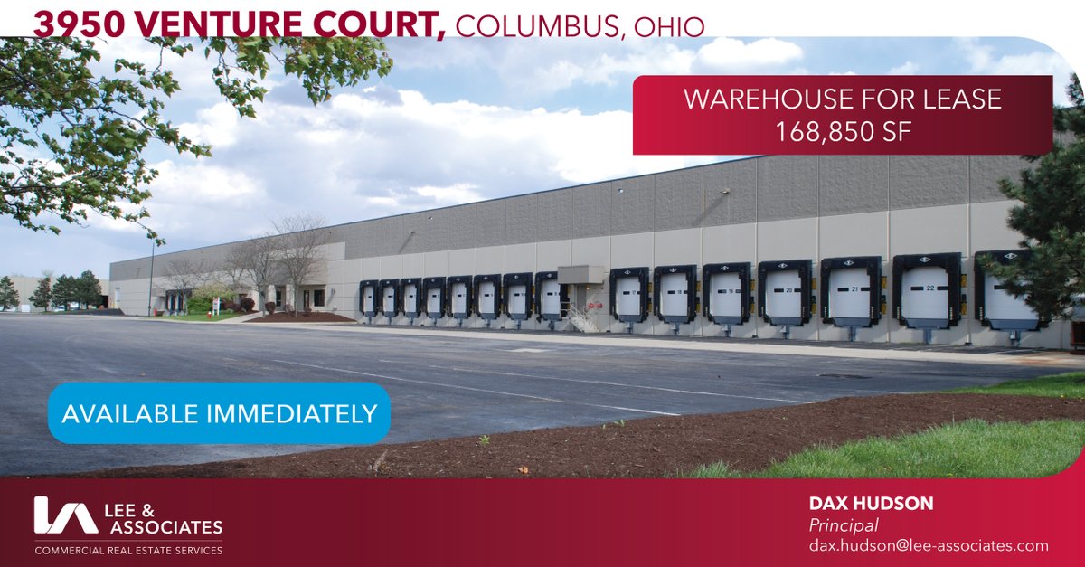 This week's #featurefriday showcases a 168,850 SF warehouse space for lease AVAILABLE IMMEDIATELY! Conveniently located right off 270 in Columbus, Ohio. Contact Dax today for leasing opportunities! 

#leeassociates #cre #warehouse