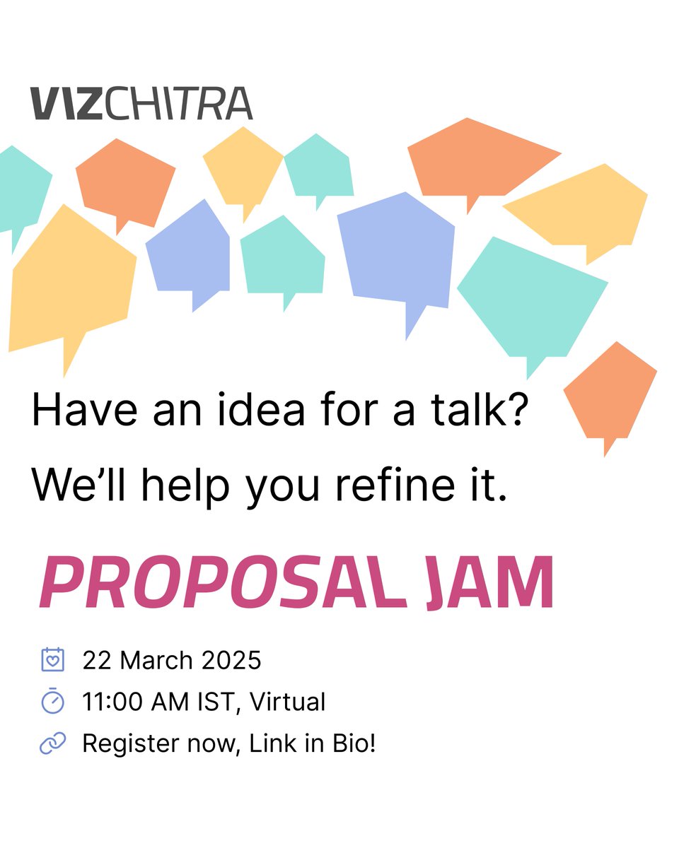 🚨 HAPPENING TOMORROW!

Proposal Jam: A virtual pitch perfect session to nail your VizChitra CfP.

Join us to:
✔ Understand talk/workshop types
✔ Get tips for a strong proposal
✔ Share &amp; refine your idea

📅 Sat, Mar 22 | 11 AM IST 
🔗 Register: hasgeek.com/VizChitra/prop…
