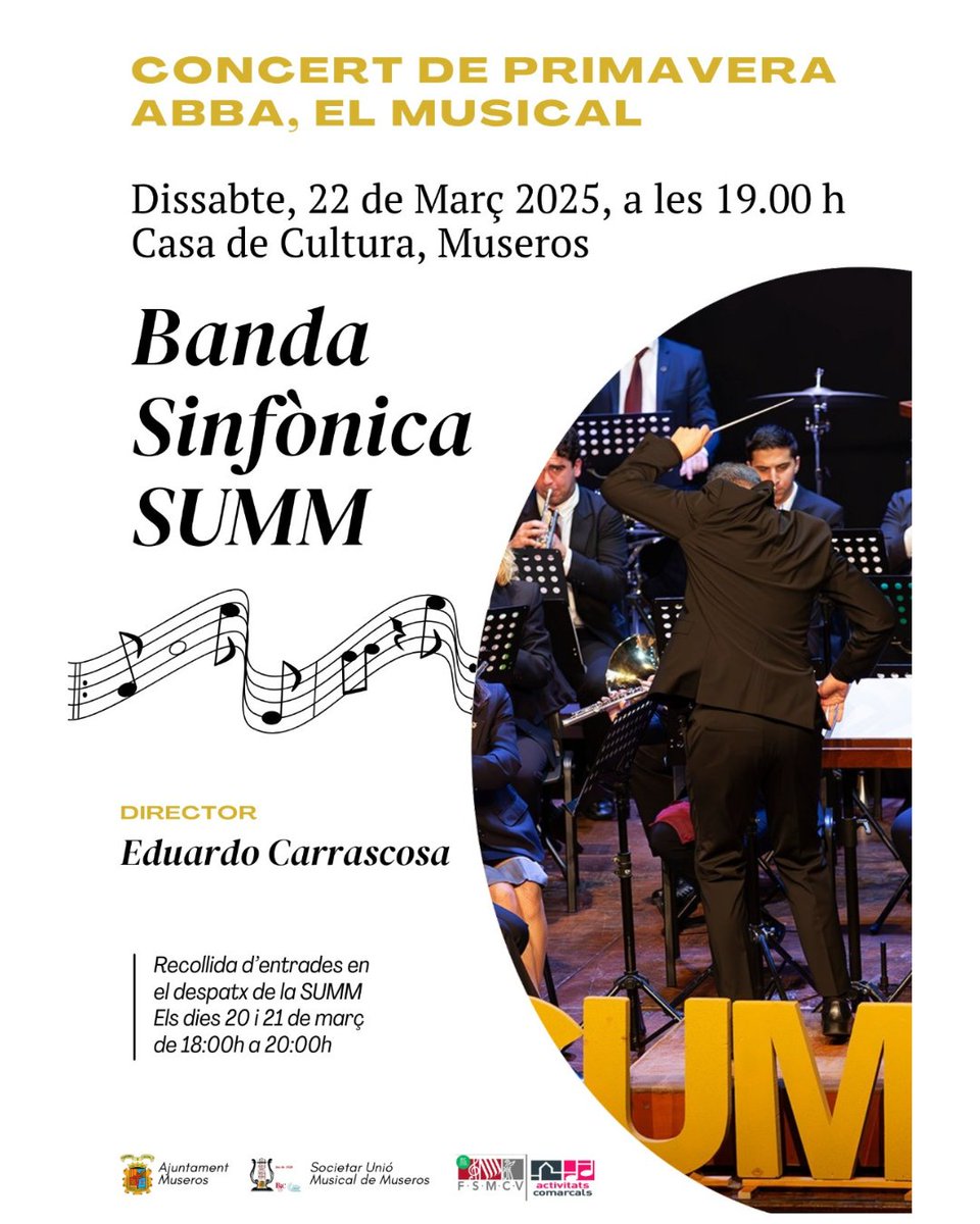 Demà, 22 de març, a les 19.00 h, la Banda Simfònica de la SUMM oferirà el seu tradicional Concert de Primavera a la Casa de Cultura. 

📅 Podeu recollir les entrades al despatx de la SUMM esta vesprada, de 18.00 a 20.00 h.