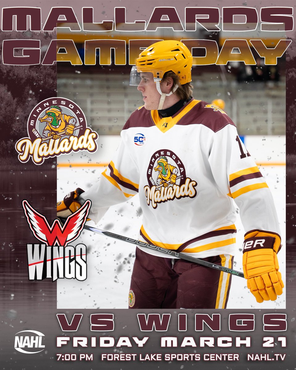 GAME DAY! 
The Minnesota Mallards take on the Aberdeen Wings tonight at 7:00 PM at Forest Lake Sports Center! Be there to catch the action! #MallardsHockey #NAHL #GameDay