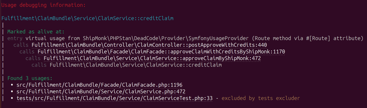 💀 Dead Code Detector 0.10.0 for #PHPStan released! 

Shipped with powerful debug mode:
🔹see why it is (not) dead
🔹see path from entrypoint
🔹see all usages (incl. excluded)

(all paths are clickable to your IDE)

github.com/shipmonk-rnd/d…