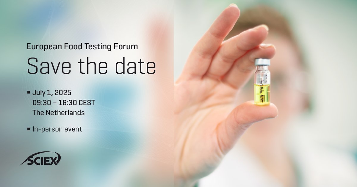 🔔 European Food Testing Forum Alert - SAVE THE DATE 🔔 

✅Join us to learn about the latest in food testing, from regulatory considerations to best practices and technology developments. 

Register now 👉sciex.li/27293i

#SCIEX #FoodTesting #FoodSafety #LCMSMS
