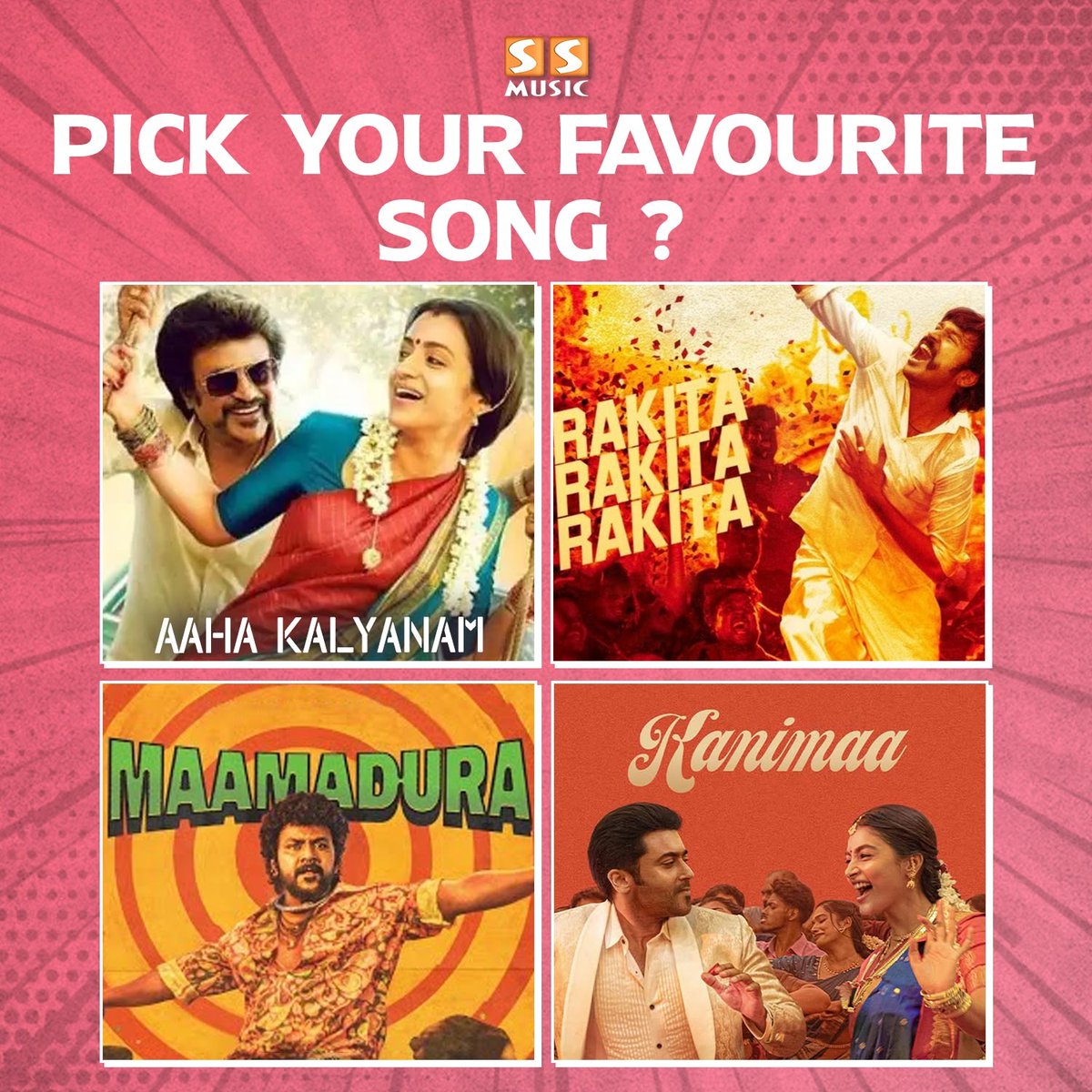 SSMusicTweet's tweet photo. Ungaloda Favourite Ethu ?
.
#AahaKalyanam #RakitaRakita #Maamadura #Kanimaa #KarthikSubbaraj #SanthoshNarayanan #Sana #Suriya #Retro #SSMusic https://t.co/xFQM9qWJeB
