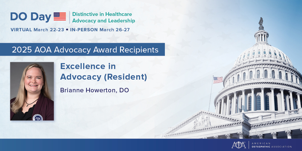 AOA (@aoafordos) on Twitter photo Congratulations to Brianne Howerton, DO, the 2025 Individual Excellence in Advocacy (Resident) award recipient, who will be honored during DO Day.
#DOProud #DODay2025
bit.ly/2RFDejN
<a href="/bhowerton6/">Brie Howerton</a> Congratulations to Brianne Howerton, DO, the 2025 Individual Excellence in Advocacy (Resident) award recipient, who will be honored during DO Day.
#DOProud #DODay2025
bit.ly/2RFDejN
<a href="/bhowerton6/">Brie Howerton</a>