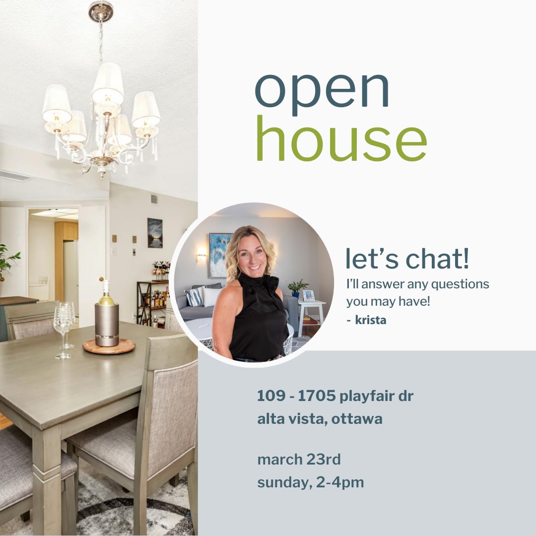 Open House Alert! 🏡
📍 109-1705 Playfair Dr, Alta Vista
🗓 Sunday, March 23 from 2:00 – 4:00 PM

✔ The General Hospital 
✔ Parks &amp; Trails
✔ Shopping &amp; Transit