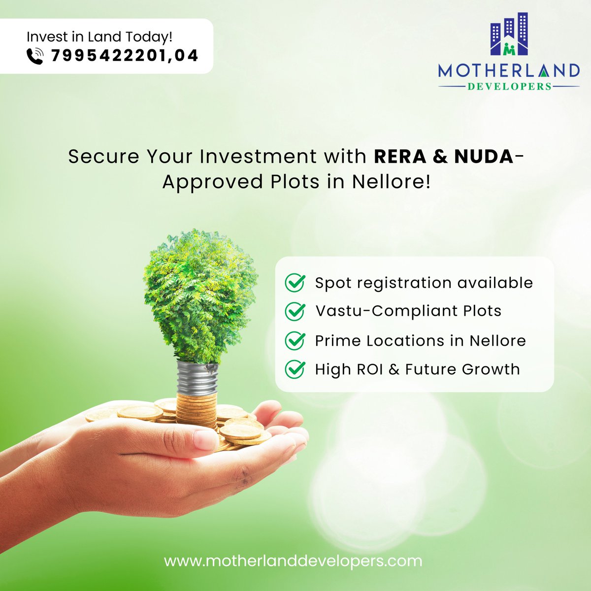 MotherlandDev's tweet image. Own Your #DreamPlot in #Nellore! 🏡✨

🔑 RERA &amp;amp; NUDA-Approved – 100% Legal &amp;amp; Secure
📍 Vastu-Compliant Plots in Prime Locations
💰 High ROI &amp;amp; Immediate Spot Registration
🌟 Limited Plots Available! Don't Miss Out!

📞 Call 7995422201, 04 
🌐 Visit motherlanddevelopers.com Today!