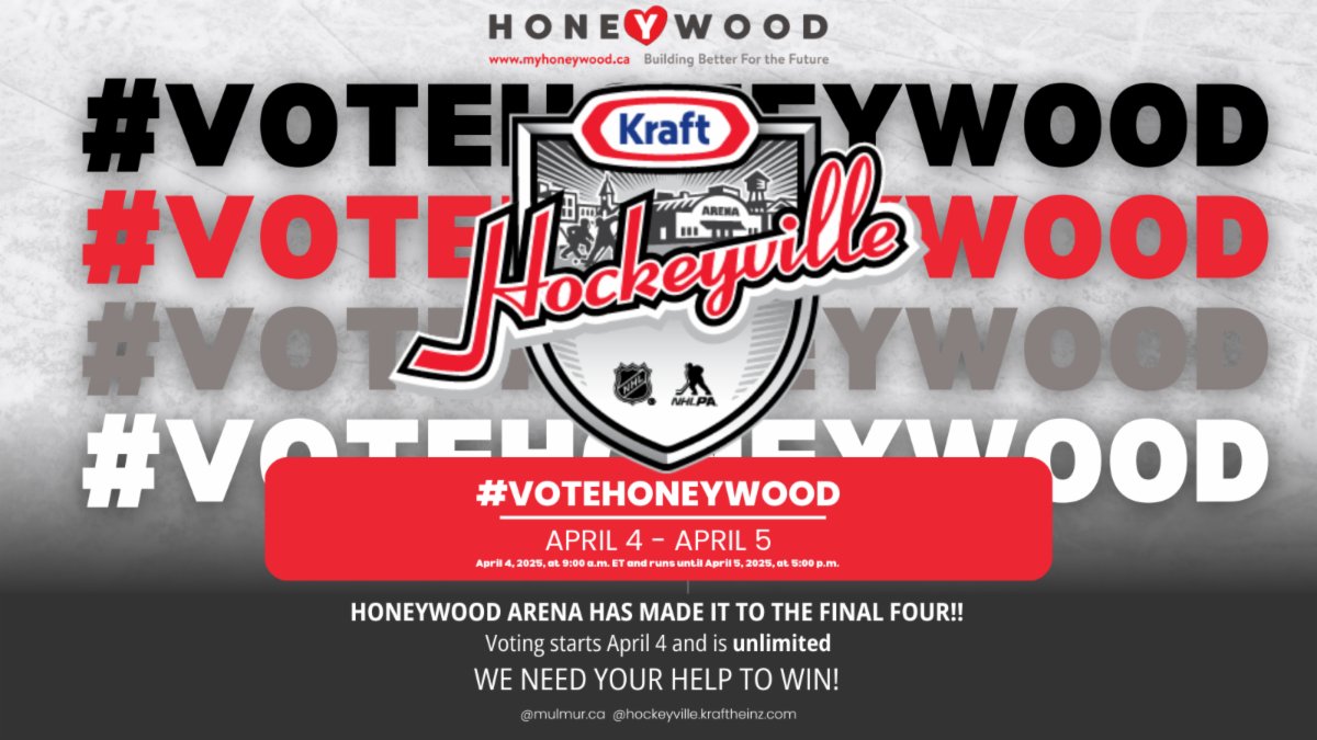HONEYWOOD ARENA NEEDS YOU! 🏒  It has made it to the Final Four in Kraft Hockeyville—but now, it needs your votes to WIN!
VOTING IS UNLIMITED!
📅 April 4 @ 9:00 AM ET – April 5 @ 5:00 PM ET
🔗Vote at hockeyville.kraftheinz.com
#Votehoneywood #hockeyville