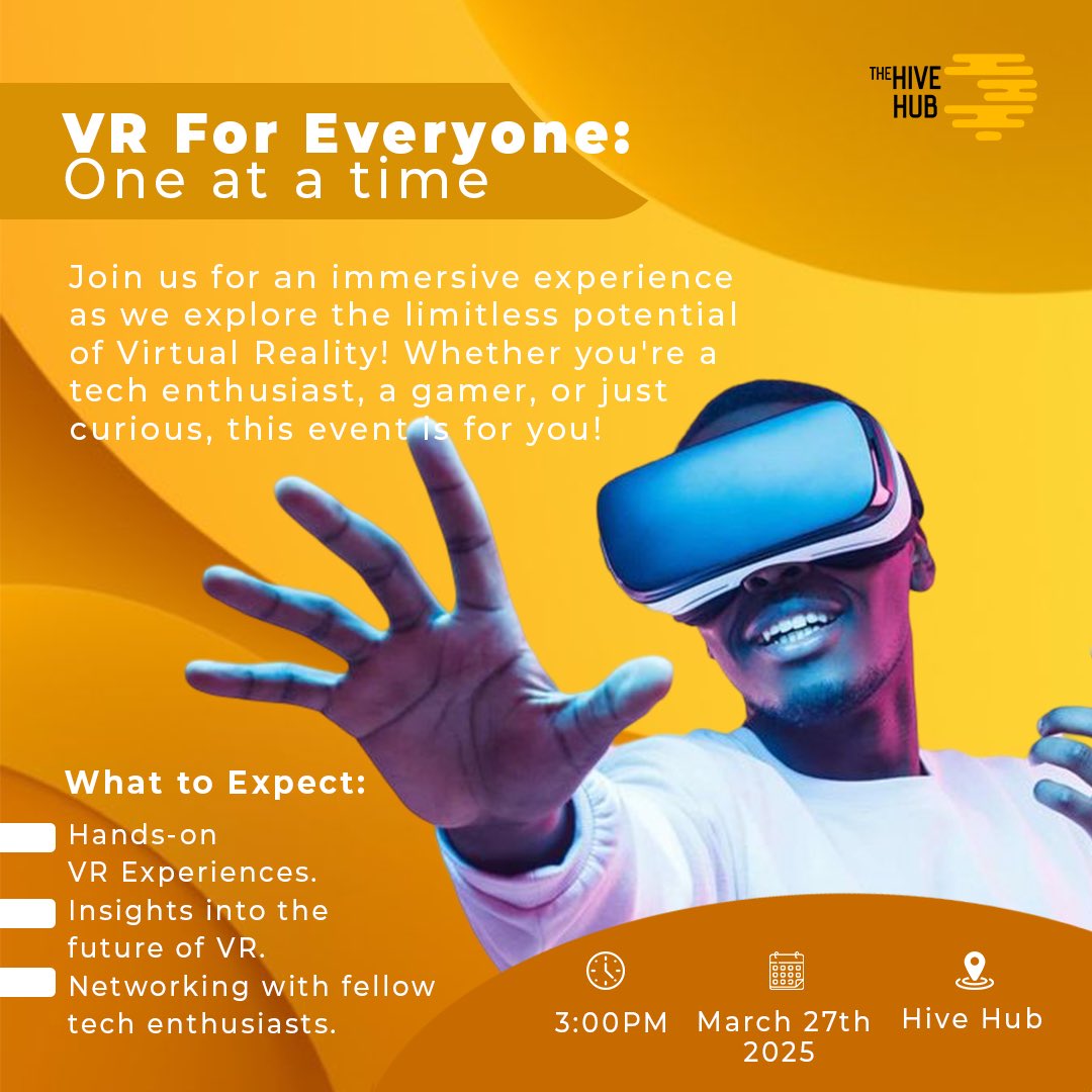 thehivehubng's tweet photo. VR is here! ๐
Join us at The Hive Hub on March 27 at 3PM for VR for Everyone. Expect:
๐
Hands-on VR
๐
Insightful convos
๐
Networking at itโs best!
Register nowโก๏ธ https://t.co/9lLxBLxRD1
#VRForEveryone #TheHiveHub https://t.co/g01ei1N1Ps