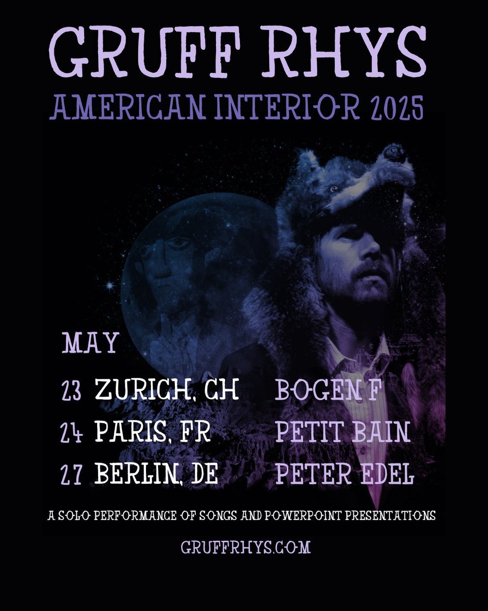 Gruff Rhys (@gruffingtonpost) on Twitter photo European shows on sale now 📣
With my American Interior album being reissued by <a href="/RoughTradeRecs/">Rough Trade Records</a> on May 16th, I’ve recently announced some European shows.
Tickets for Zürich, Paris and Berlin are on sale now: gruffrhys.com/#tour European shows on sale now 📣
With my American Interior album being reissued by <a href="/RoughTradeRecs/">Rough Trade Records</a> on May 16th, I’ve recently announced some European shows.
Tickets for Zürich, Paris and Berlin are on sale now: gruffrhys.com/#tour