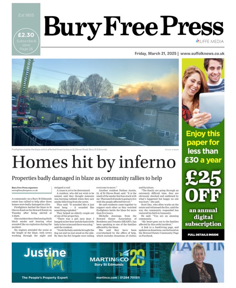 Packed <a href="/buryfree/">Bury Free Press</a> leading on blaze which ripped through three homes on Howard Estate in #burystedmunds; sad news of death of Mid Suffolk councillor; the history of BurySOUND; potholes; plus a bird's eye view from the cathedral on a tower tour #news #media #suffolk