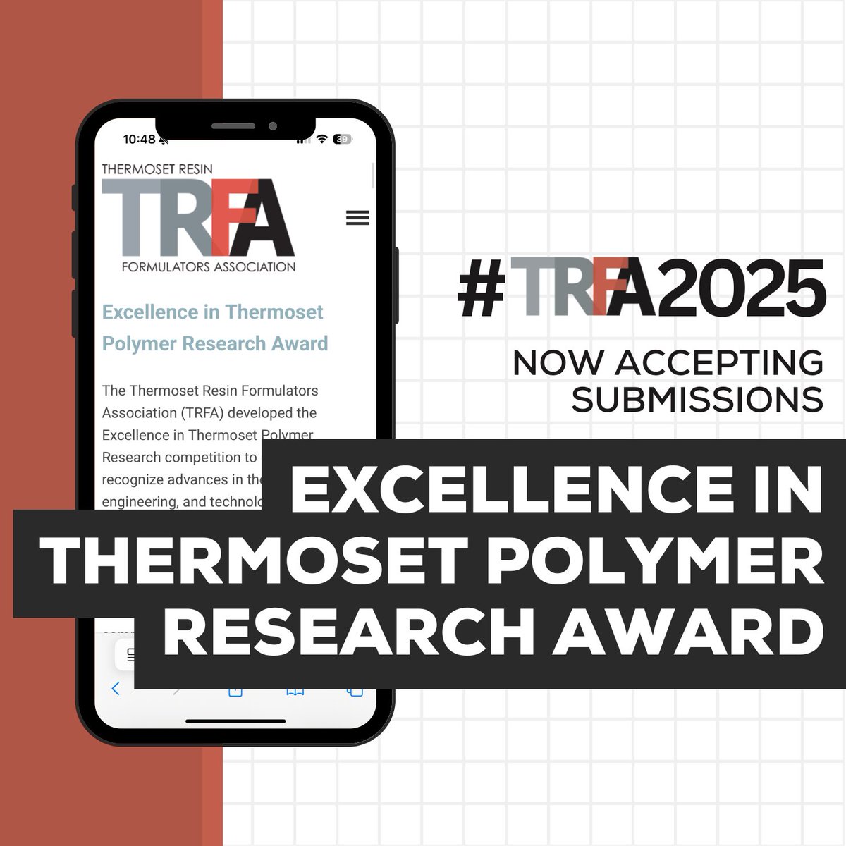 The TRFA is accepting applications to the 2025 Excellence in Thermoset Polymer Research Award! The competition is open to all BS, MS, and PhD students at an accredited college or university in the USA and Canada.

Learn more and apply here: ow.ly/P1Ry50PQgus