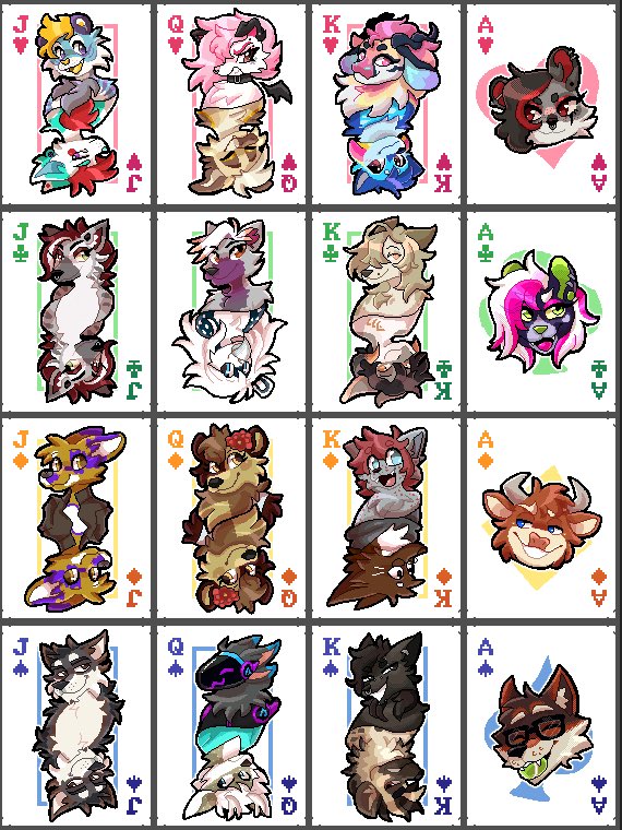 mar_furry's tweet photo. So I mentioned a giant commission a few days ago and it’s finally done. 24 characters and all done by @Teevz . This is a custom balatro deck! It took some work getting it all coordinated, but it was SOOO worth it!!!! https://t.co/LKFcoxhMnB