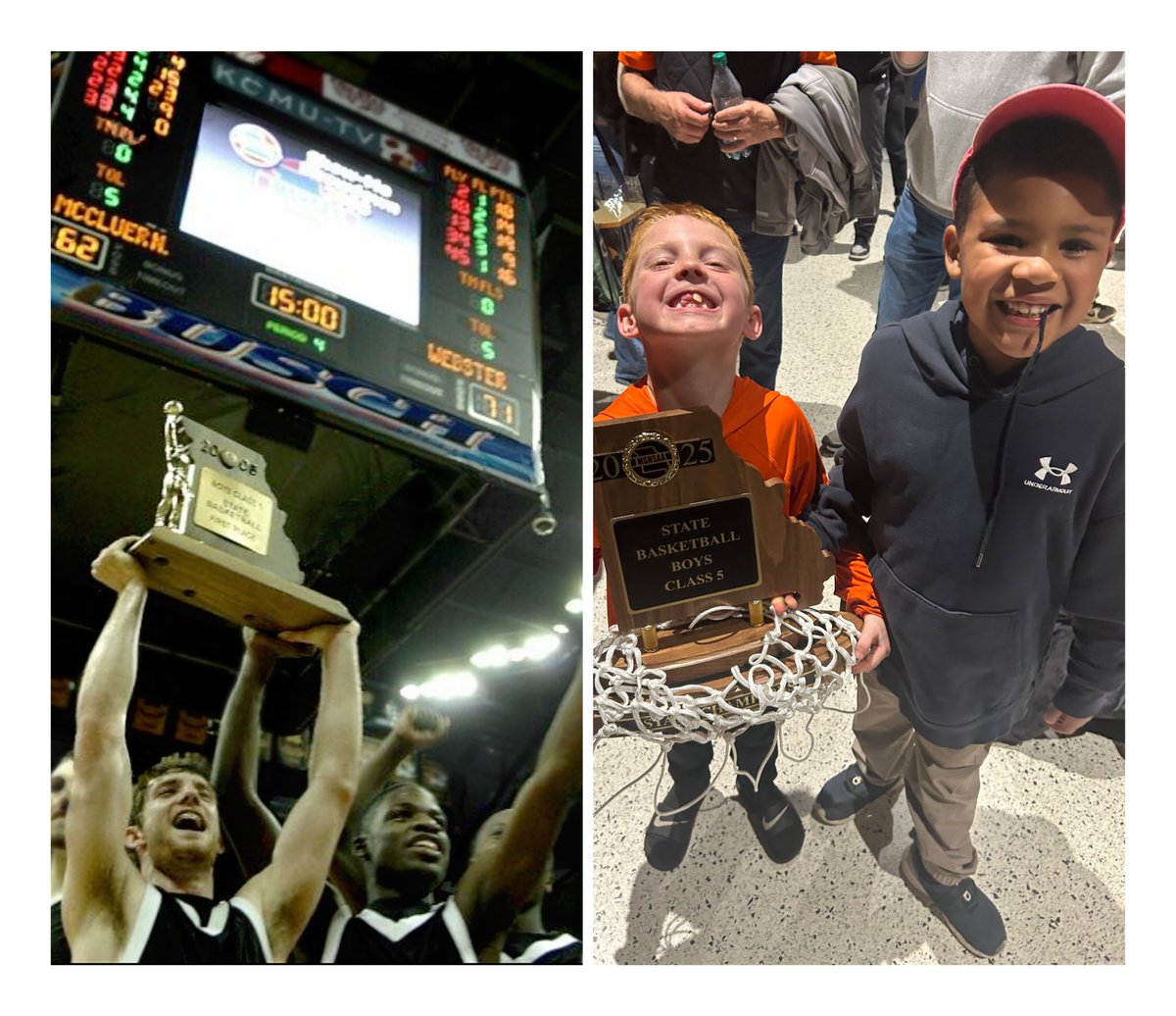 This is so cool to me.

On the left side, is me holding up the 2008 state championship trophy with one of my teammates Jon Bowie.

On the right side, is my nephew holding the 2025 state championship trophy with Jon’s son.

Proud to be <a href="/StatesmenHoops/">Webster Groves Basketball</a> fam!