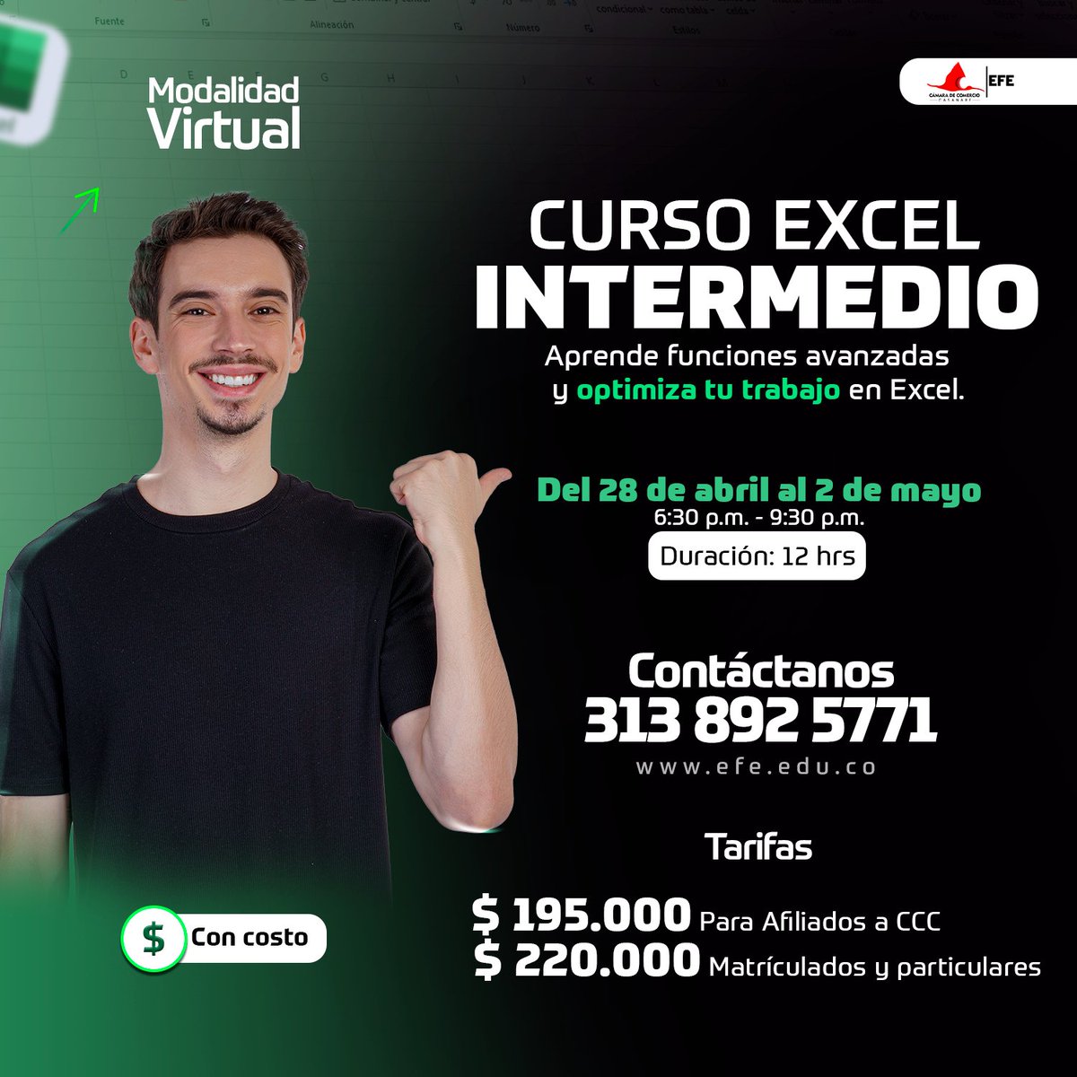 🚀 ¿Aún peleas con Excel? Deja de perder tiempo y domina funciones avanzadas con nuestro Curso de Excel Intermedio.

Más info: url.cccasanare.co/9c376
#SomosEFE #Excel