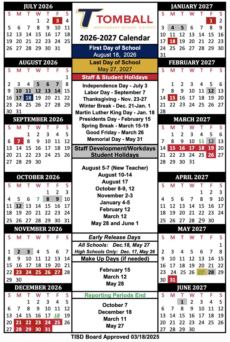 The 2026-2027 Instructional Calendar was approved by the @TomballISD Board of Trustees. Plan your vacation early but remember, #AttendanceMatters. Reminder: the 2025-2026 Instructional Calendar was approved last year. Both calendars are available