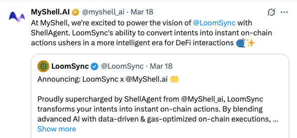 Myshell的龙一&amp;亲儿子应该已经确定下来了，前天刚发了推聊到Myshell出了Launchpad后占住了BSC的Virtual位置，所以有潜力跑出来的龙头项目值得关注，毕竟官方要拿出来给大家打个样，目前来看Myshell的亲儿子已经确定了是这个<a href="/LoomSync/">LoomSync</a>，刚刚两小时前正式把币发出来，Myshell在18号的时候就已经专门给他
