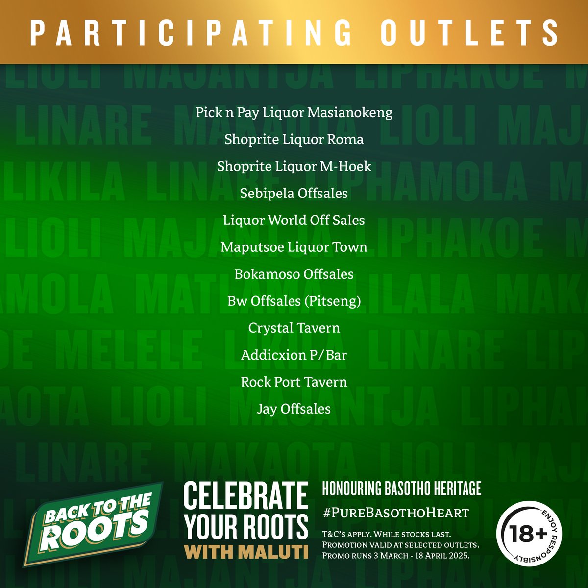 🍻💚Stand a chance to win the NEW LTD ED merch from Maluti, celebrating our roots! Swipe on to see the list of participating outlets. Wear it with pride. T&amp;Cs apply. #PureBasothoHeart #ResponsibleTogether