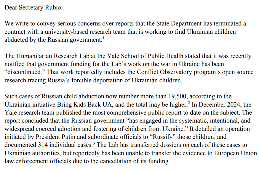 GregTSargent's tweet photo. Two GOP Senators, Grassley and Tillis, just joined a *very* harsh letter from Dems calling on Rubio to reinstate contract tracking abducted Ukrainian children.

"It must remain the policy of the US to pursue accountability for the Russian Federation’s atrocities in Ukraine." https://t.co/cSQDsX9k4W