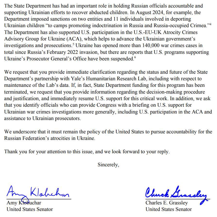 GregTSargent's tweet photo. Two GOP Senators, Grassley and Tillis, just joined a *very* harsh letter from Dems calling on Rubio to reinstate contract tracking abducted Ukrainian children.

"It must remain the policy of the US to pursue accountability for the Russian Federation’s atrocities in Ukraine." https://t.co/cSQDsX9k4W