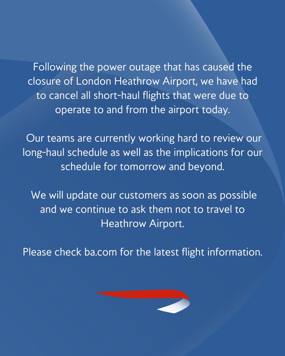 An updated statement from British Airways following the disruption at London Heathrow Airport on 21 March