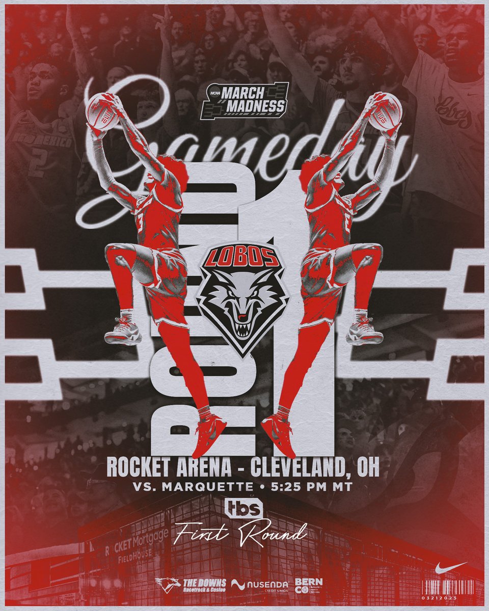 GAMEDAY!! It's our turn to dance tonight in Cleveland!

🆚 Marquette
🕠 5:25 pm MT
📍 <a href="/RocketArena/">Rocket Arena</a> 
📺 <a href="/TBSNetwork/">TBS Network</a> 
📻 <a href="/KKOBradio/">News Radio KKOB</a> &amp; <a href="/WestwoodOne/">Westwood One</a> 
📈 GoLobos.com/mbbstats

#505SVF | #GoLobos | #MarchMadness