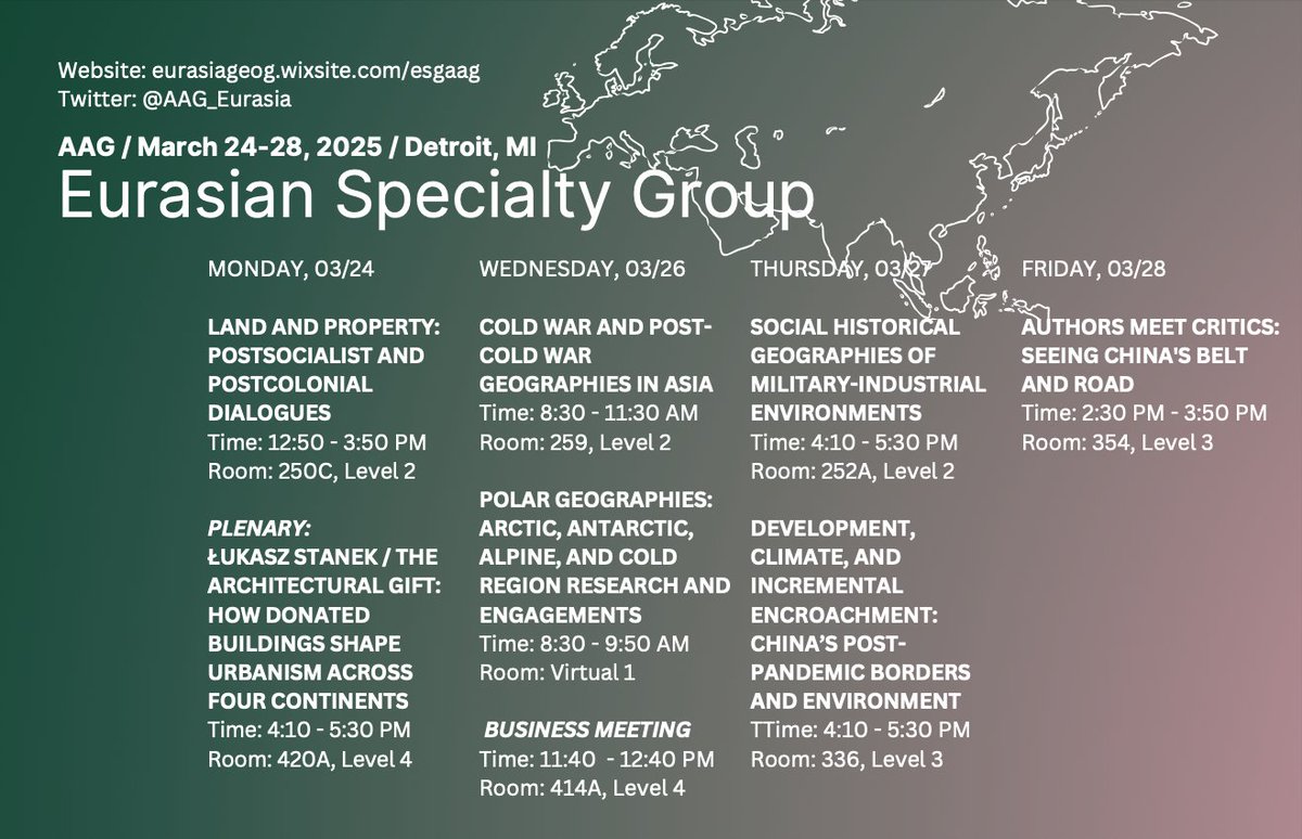 Check out the Eurasian Specialty Group sponsored sessions at this year's <a href="/theAAG/">American Association of Geographers</a> -- come meet us in Detroit 📢