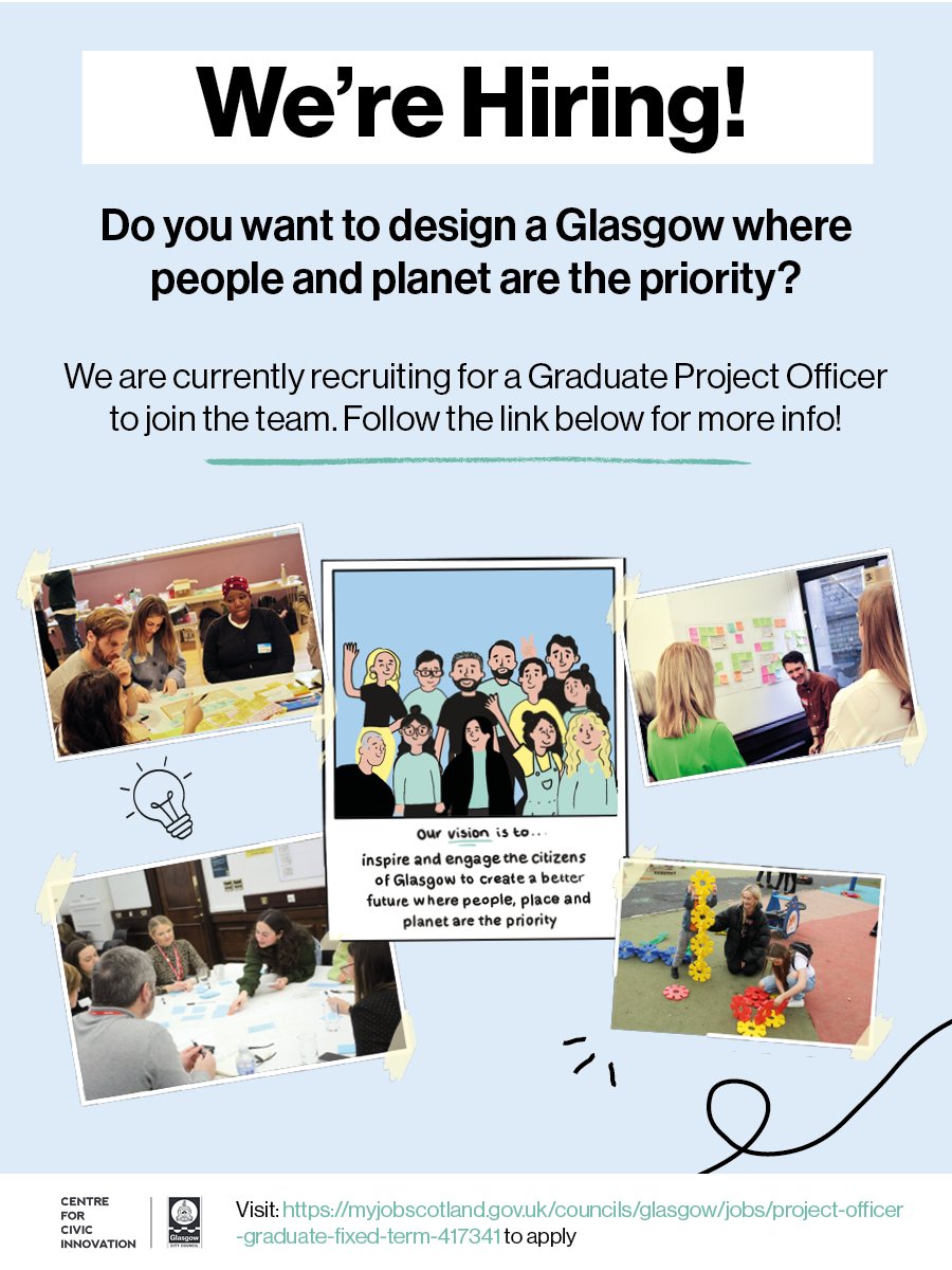 CCIGlasgow's tweet image. We’re looking for a Project Officer to join the Centre for Civic Innovation!

Apply to join our design-led, collaborative team that puts people at the heart of everything we do.
Click the link below for details:

myjobscotland.gov.uk/councils/glasg…

#Hiring #DesignForPlanet #DesignForGlasgow